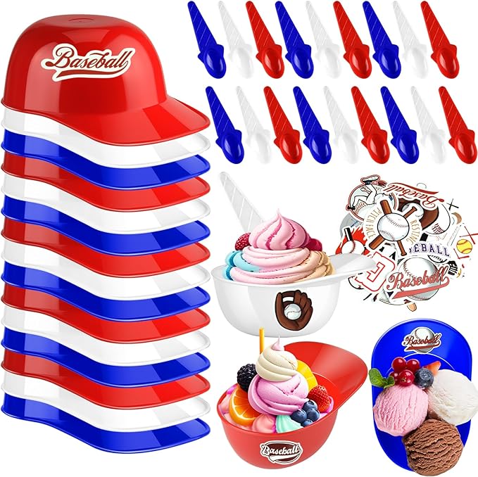 MEEZY 30 Set Baseball Helmet Ice Cream Bowls with 15 Mini Dessert Cups and 15 Spoons, 8oz Reusable Baseball Cap Snack Dessert Cup Bowls Baseball Party Favors for Kids Sports Birthday Party Supplies