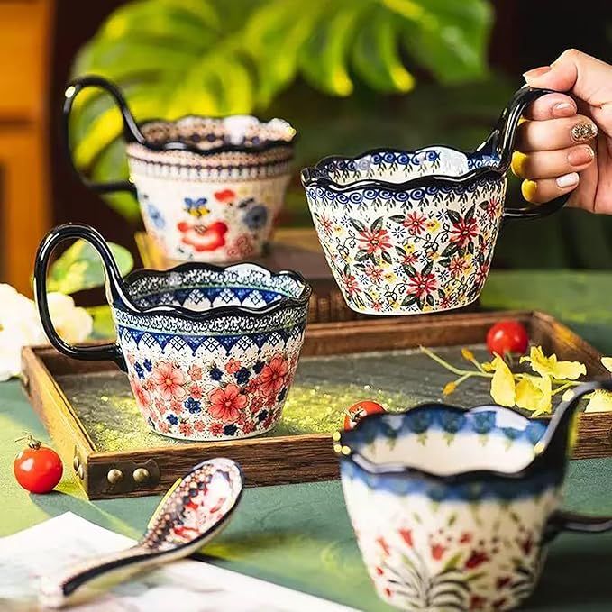 OZY Handpainted Soup Bowl with Handle,Ceramic Cereal Bowl Great for Soup, Ice cream, Fruits,Snack,Microwave &Dishwasher Safe (Daisy,Spoon)