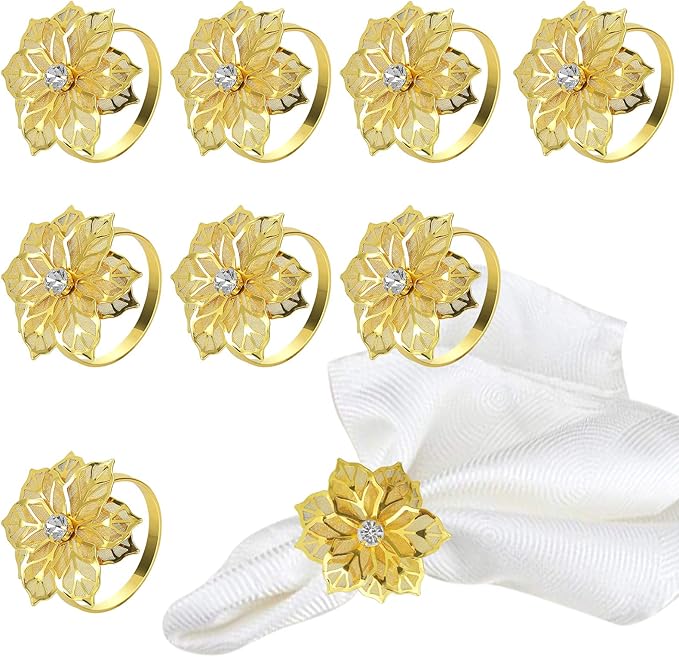 Pack of 18 Napkin Rings Alloy Hollow Out Flower Napkin Holder Dinning Table Napkin Ring for Dinner Parties Wedding Banquet Table Setting Family Gatherings Table Decor (Gold Flower, 18)