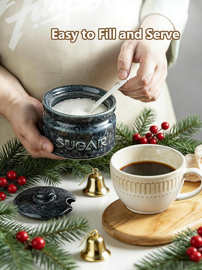 Gomakren Sugar Bowl with Lid and Spoon, Sugar Container Sugar Dish 10oz, Ceramic Sugar Jar for Coffee Bar, Kitchen, Countertop - Modern Farmhouse Kitchen Christmas Decor, Blue