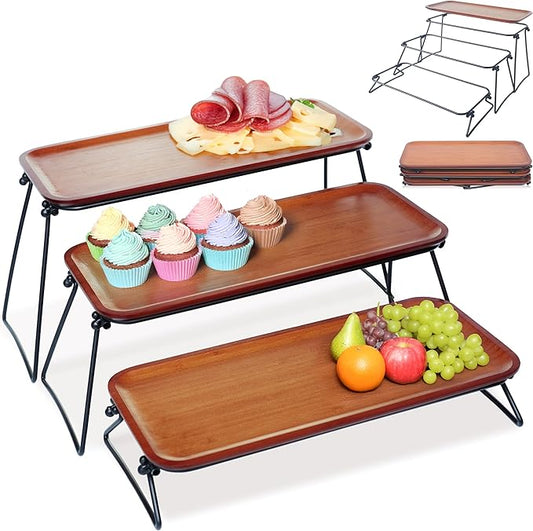 FINESSY 3 Tier Serving Tray, Dark Bamboo Tiered Tray Stand, Cake Stand & Cupcake Holder, Buffet Risers Serving Platters, Dessert Table Display Set, Charcuterie Board Set for Party Hosting Essentials