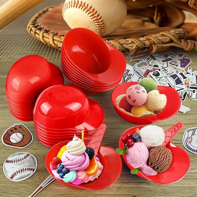 MEEZY 16 Set Baseball Helmet Ice Cream Bowls with 8 Mini Dessert Cups and 8 Spoons, 8oz Reusable Baseball Cap Snack Dessert Cup Bowls Baseball Party Favors for Kids Sports Birthday Party Supplies