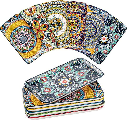 HENXFEN LEAD Boho Ceramic Dinner Plates 10 Inch – Large Rectangular Serving Plates Set of 6 for Salad, Sushi & Main Dishes, Microwave & Dishwasher Safe