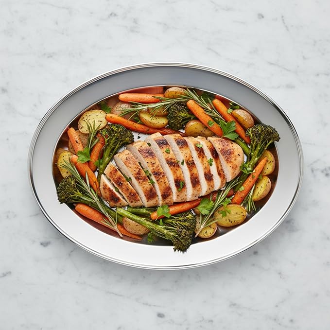 16" Stainless Steel Serving Platter | Oval Silver Food Tray | 3 mm Thick, Unbreakable | Anti Rust Serving Platter | Dinner Trays | Dishwasher Safe Kitchen Tray Silver, 16-Inch [1PK]