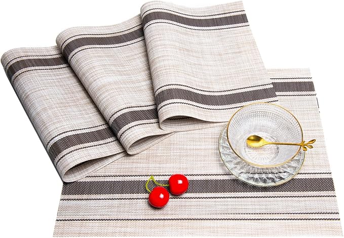 Placemats,PlasticVinyl Washable Heat-Resistant Durable PVC Non-Slip Woven for Kitchen Dining Table Mats (Coffee Beige, Set of 8)