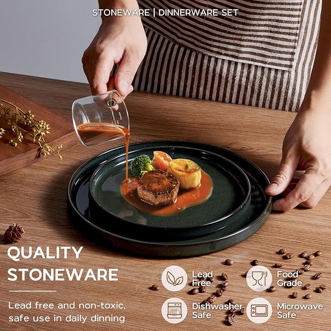 Onader Stoneware Dinnerware Sets for 4, Reactive Glaze Plates and Bowls Sets, Ceramic Dish Dinner Set with Rustic Terracotta Bottom, 12 Piece Elegant Dishware - Emerald Green