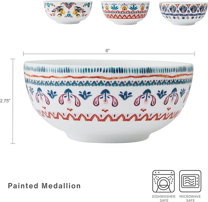 Mikasa Painted Medallion Set of 4 Bone China All Purpose Soup Cereal Bowl, 18 Ounces