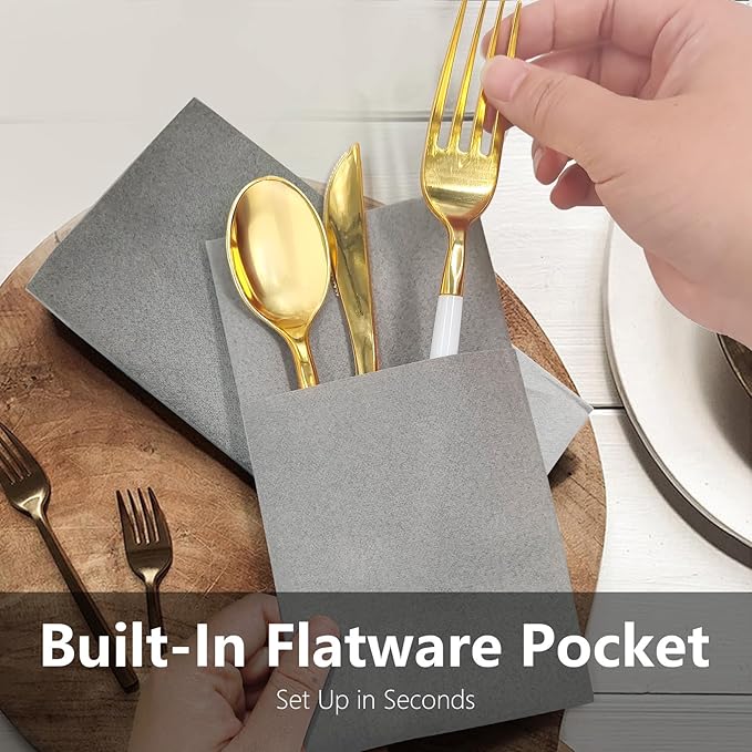 Dove Grey Linen Feel Napkins with Flatware Pocket, 50 Pack Cloth Like Pre-Folded Napkins for Silverware, Guest Hand Towel for Dinner Party Wedding Decoration (16. x 15.5 inch)
