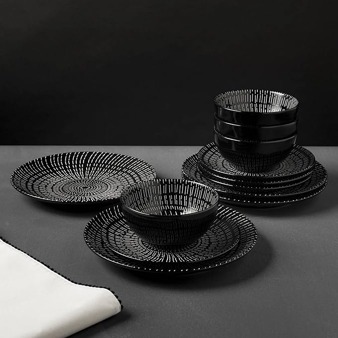 12-Piece Stoneware Dinnerware – Black and White Ceramic Plates and Bowls, Microwave & Dishwasher Safe, Modern Tableware Set_4 dinner plates, 4 salad plates, and 4 bowls