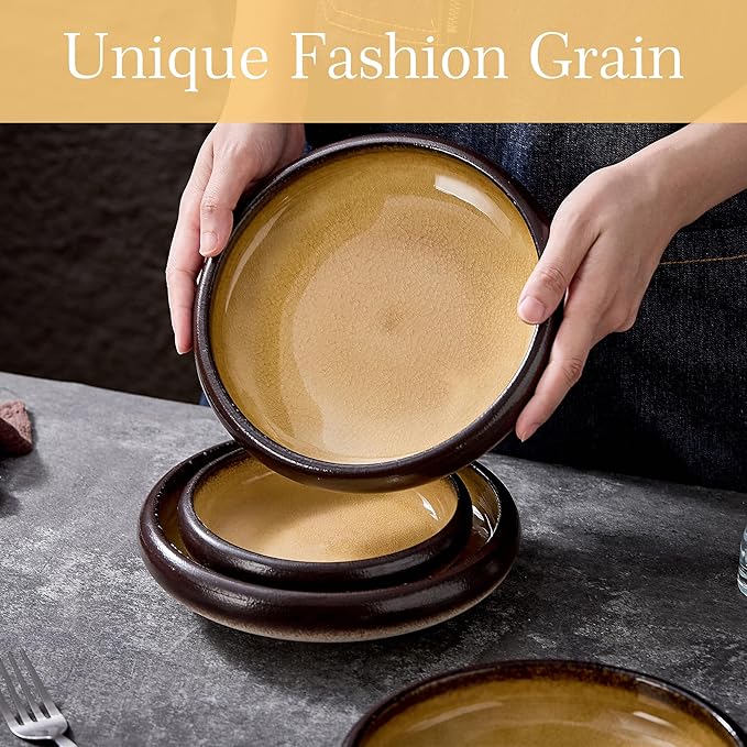 Ceramic Pasta Bowls Set of 4, 8 Inch Porcelain Salad Bowl Serving Plates, Stoneware Dinner Plates Set for 4, Handmade Round Dishes for Home Decor, Microwave,Oven,and Dishwasher Safe, Yellow