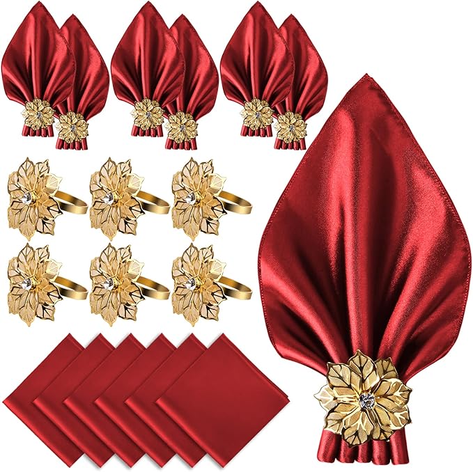 CROWN GUIDE 12 Pack Gold Napkin Rings and Cloth Napkins Set of 6, 17x17 Satin Cocktail Napkins Bulk Table Napkins Holder for Wedding Reception Personalized Napkins Bridal Shower for Party Decorative
