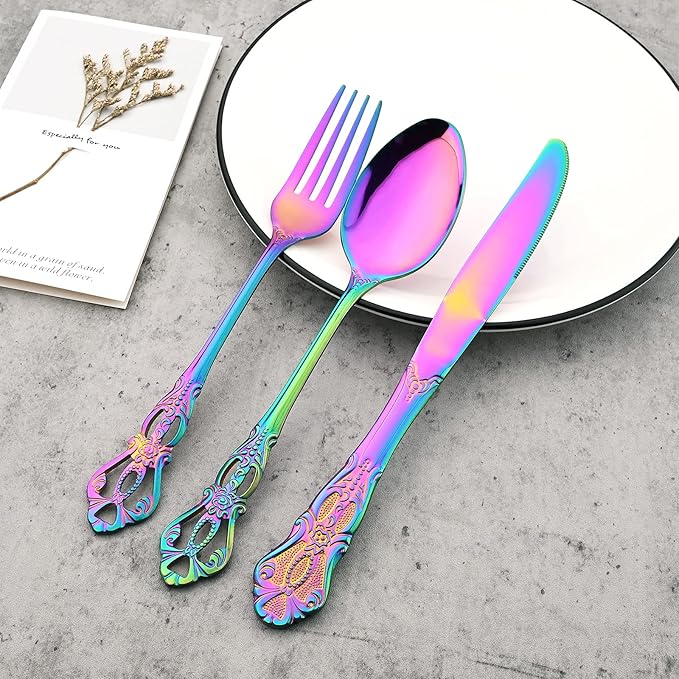 8-Piece Luxury Royal Silverware Set, 18/10 Stainless Steel Rainbow Flatware Set Service for 2, Tableware Cutlery Set Include Forks Spoons Knives, Modern Design & Mirror Polished Dishwasher Safe