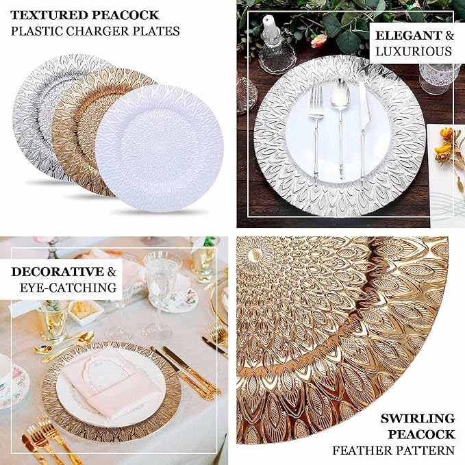 Efavormart 6 Pack | 13" Teal/Gold Embossed Peacock Design Plastic Serving Plates, Round Disposable Charger Plates