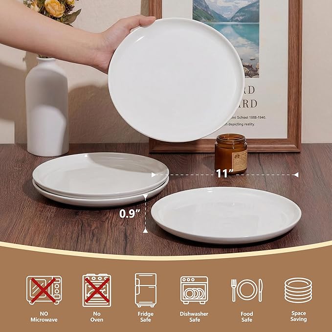 ONEderful Off-White Dinner Plates Set of 4-11 Inch Melamine Modern Flat Plates, Durable & Lightweight - Indoor & Outdoor Use, Perfect for Everyday Meals, BBQs, Weddings, Dishwasher Safe