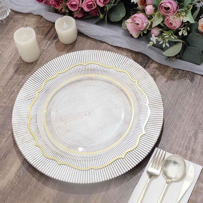 Efavormart 6 Pack | 13" White Washed Sunray Rim Faux Wood Plastic Charger Trays, Round Disposable Serving Plates