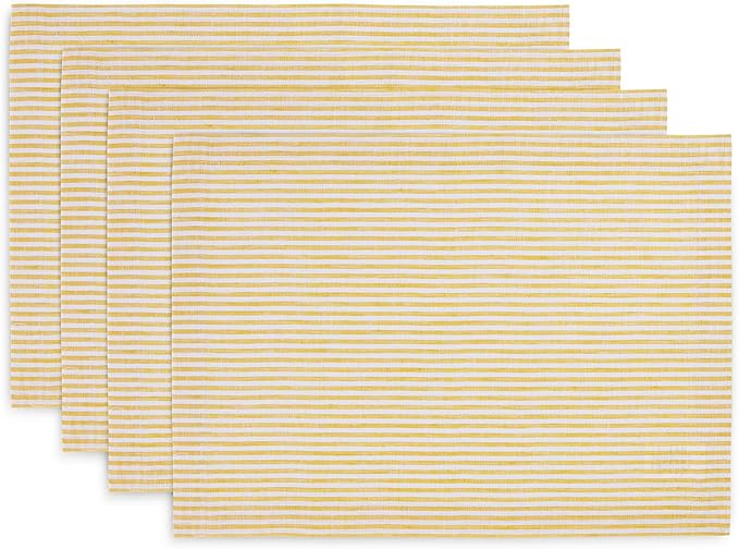 Solino Home Linen Cloth Placemats Set of 4 - Narrow Stripe 100% Pure Linen Spicy Mustard and White Farmhouse Placemats 14 x 19 Inch