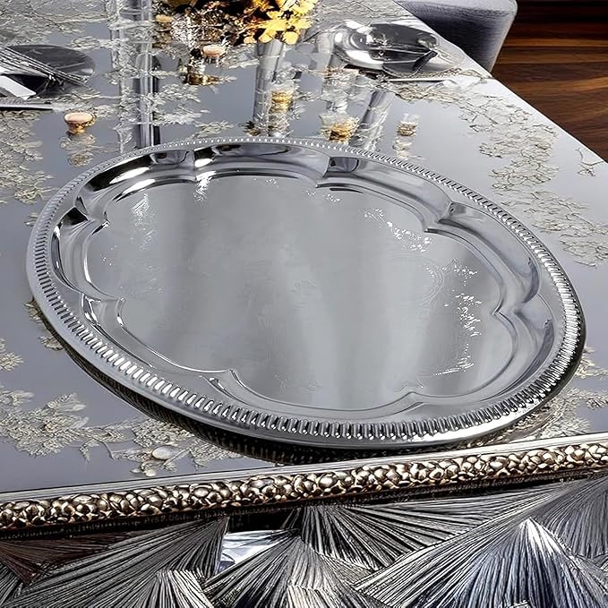 (Pack of 4) 18.1 inch x 13.3 inch Traditional Oval Floral Pattern Engraved Catering Chrome Plated Serving Plate Mirror Tray Platter Metal Tableware Holiday Party Large T225-4PK