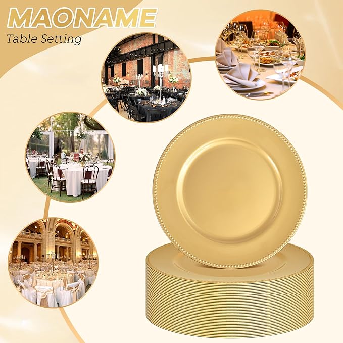 50 Pcs Gold Charger Plates Round Charger Plates13 Inch Bulk Wedding Dinner Elegant Reusable Plastic Chargers Plates Wedding Holiday Party Baby Shower Event Decoration (Gold)