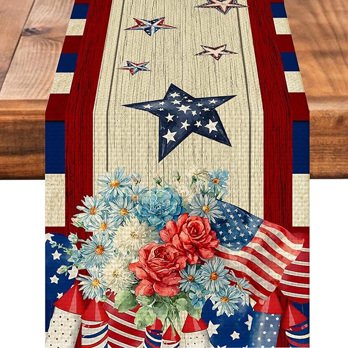 American Flag Flower Table Runner Seasonal Holiday Kitchen Dining Linen Table Decoration for Indoor Outdoor Home Party Decor 13 x 72 Inch