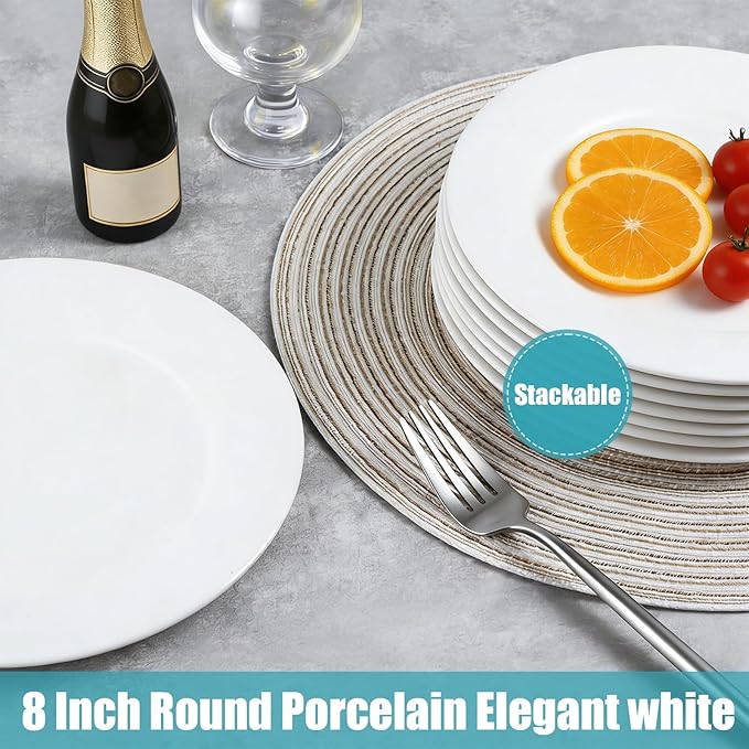 12 Pieces 8 Inch Round Porcelain Plates Set, Round Ceramic Salad Dessert Dinner Plates, Lead-Free, Microwave, Dishwasher, Oven & Freezer Safe