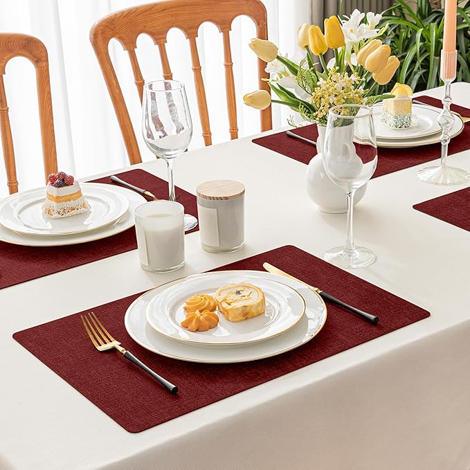 Romanstile Vinyl Placemats Set of 6-12 X 17 Inch - Faux Leather 100% Waterproof Oil-Proof Wipeable Place Mats, Heat Resistant Reversible PU Table Mats for Kitchen Dining Party Outdoor, Red