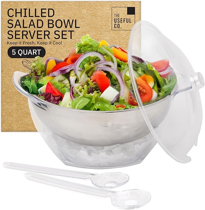 Useful Co. 5QT Salad Bowl Set on Ice - Large Salad Bowl with Lid & 2 Servers - Chilled Tray for Cold Food, Party Buffet - Serving Bowl with Ice Tray Base for Gatherings