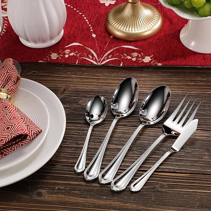 KEAWELL Pearl Edge Premium Serving Spoon Set, 18/10 Stainless Steel, 9" Fine Hostess Utensils with Refined Bead Design, Brightly Polished, Dishwasher Safe (Hostess Serving Set)
