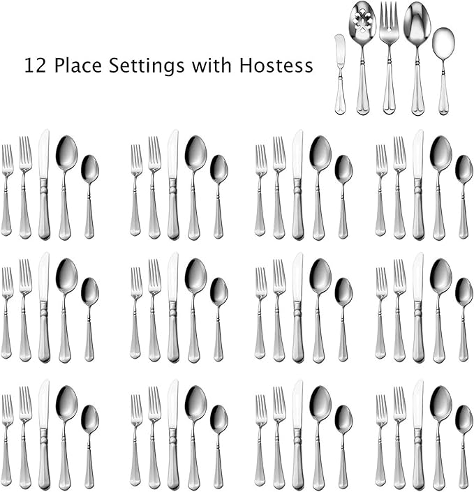 Mikasa French Countryside 65-Piece 18/10 Stainless Steel Flatware Serving Utensil Set, Service for 12 and Mikasa French Countryside Stackable Bowls, Set of 5, White