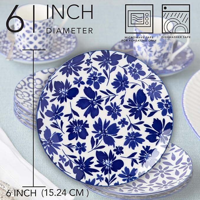Madison Set of 6 Canape Plates - 6 Inches, Stunning Blue and White Designs - Perfect for appetizers, desserts, and small bites