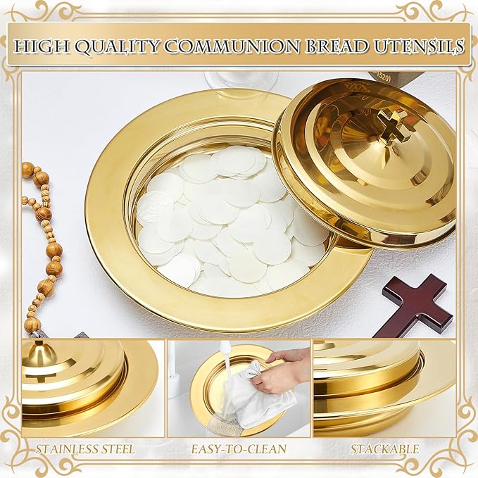Zhehao 1 Plates Gold Communion Set, Holy Trays with Lid, Stainless Steel Bread Tray Plates for Churches, Holy Communion Tray with Cover, Polished Church Supplies Ware Sets