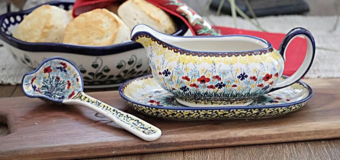 Blue Rose Polish Pottery - Yellow Prairie Garden Gravy Boat & Ladle - 1.5 Cup Capacity - Perfect Gravy Boat for Holiday Dinners, Dinner Parties, and Everyday Dining