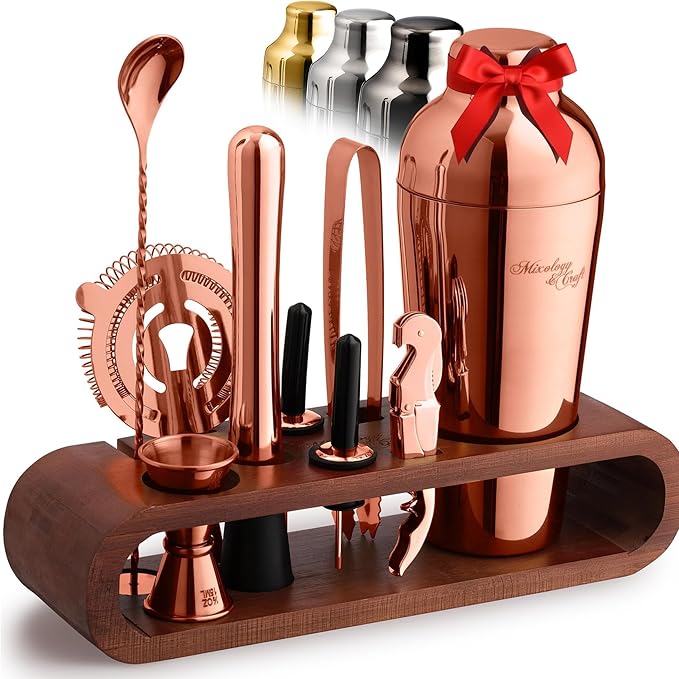 Mixology & Craft Bartender Kit: 10-Piece Cocktail Shaker Set with Dark Bamboo Stand | Complete Cocktail Kit Gift Set | Top Bartender Gifts for Men & Women | Leak-Proof Design (Copper)
