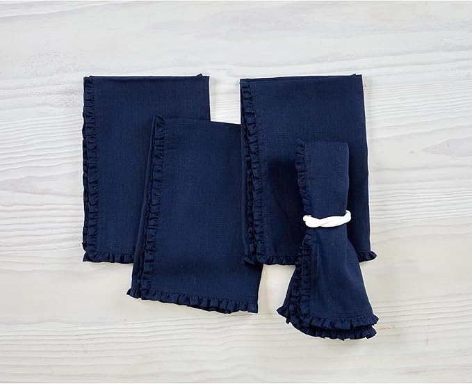 Solino Home Navy Blue Linen Dinner Napkins 20 x 20 Inch - 100% Pure Linen Juliette Ruffle Cloth Napkins Set of 4 - Handcrafted and Machine Washable