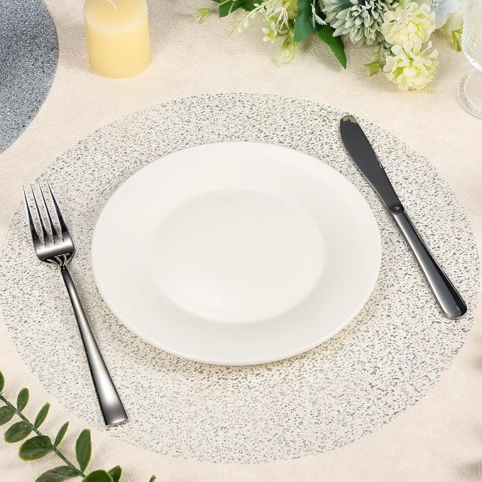 50 Piece Silver Placemats 13 Inch Disposable Silver Foil Place Mats Round Mesh Pressed Paper Placemat for Elegant Wedding, Birthday Party, Church Banquet, Dinners, and Dining Room Table Decor