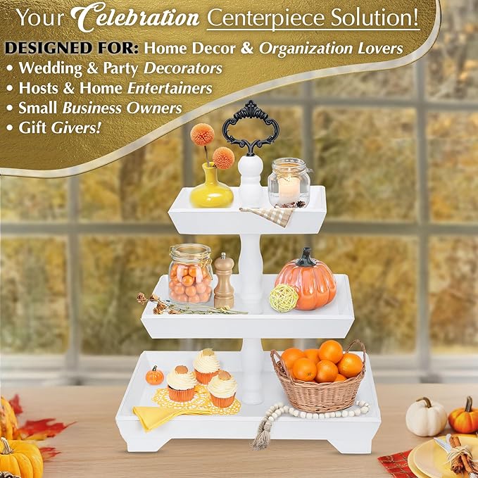[3 in 1] 3 Tier Serving Tray - Gorgeous Coffee Table Tray (Includes 3 Handles) - Can Assemble into a 1, 2 or 3 Tier Serving Stands - Rectangle Wooden Kitchen Table Centerpiece Felt Creative Home Goods