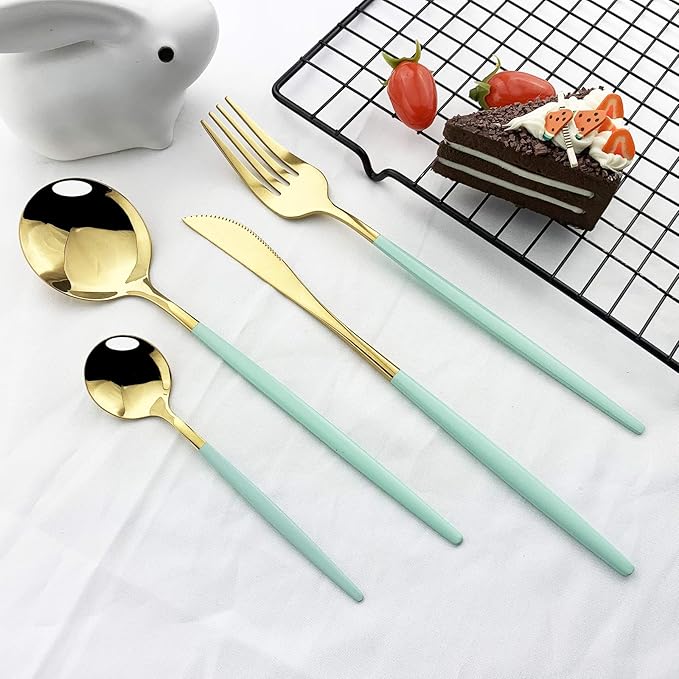 JASHII 24 Piece Titanium Mint Green Plated Stainless Steel Flatware Set,Mint Green Handle With Gold Mouth Utensils Set, Cutlery Set Service for 6
