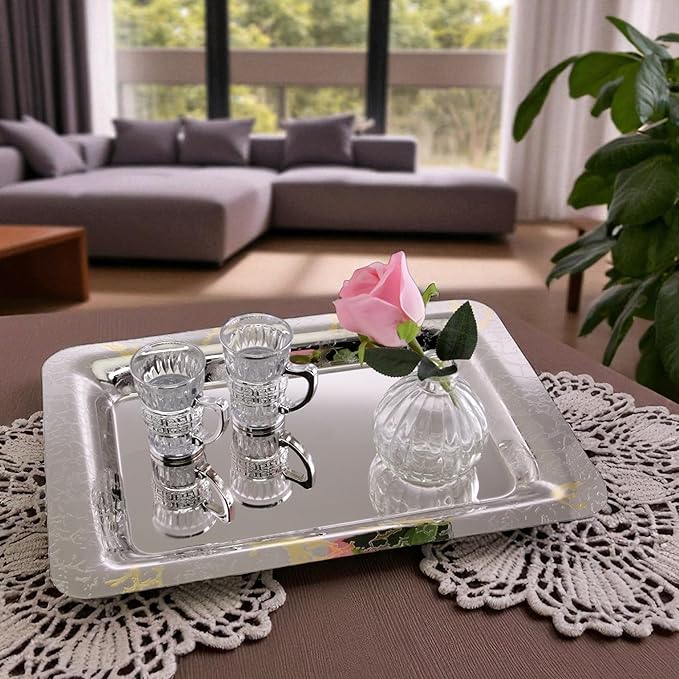 (Pack of 3) 15.7 inch x 11 inch Oblong Chrome Plated Serving Tray in Different Pattern Stylish Design Floral Engraved Iron Gold Edge Decor Wedding Dessert Buffet Platter Plate NC-017