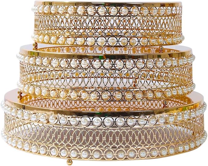 Efavormart Set of 3 Pearl Beaded Gold Metal Cake Stands with Mirror Top, Stackable Round Cupcake Holder Dessert Display Stands - 12",14",16"