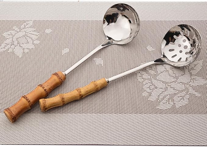 Gugrida Flatware Silverware Serving Set Silver Stainless Steel Hostess Serving Utensil Set with Bamboo Handle Dishwasher Safe, 2 Soup Spoon 2 Slotted Spoon