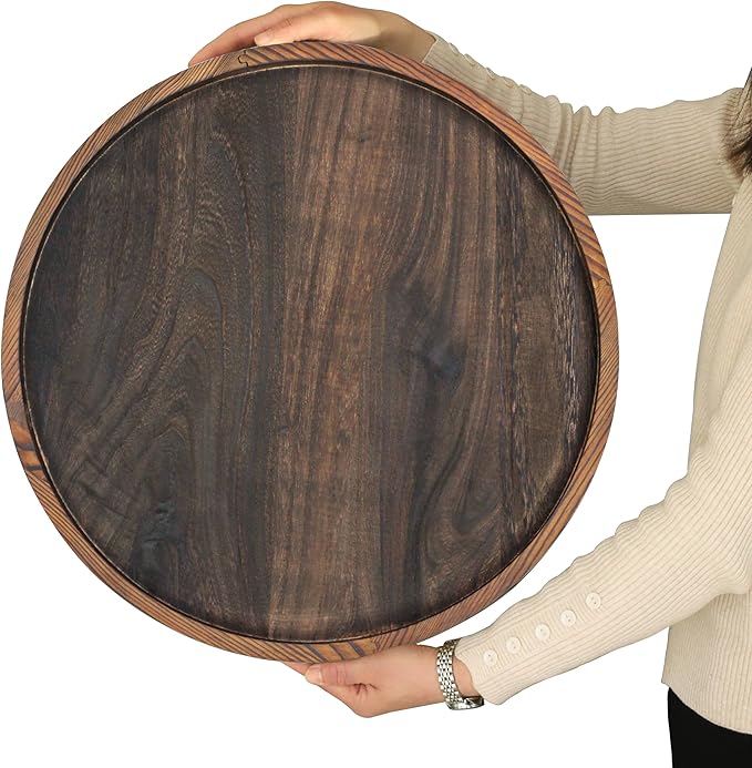 20" Rustic Wooden Serving Tray - Extra Large Round Ottoman Table Tray for Farmhouse Decorative Oversized Coffee Table Trays Living Room Kitchen Counter Breakfast Brown