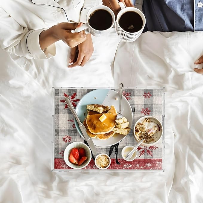 Serving Tray with Handles Clear Acrylic Tray 12x16 Inch Decorative Rectangular Tray Organizer for Ottoman Coffee Table Bathroom Grey Checkered Christmas Deer