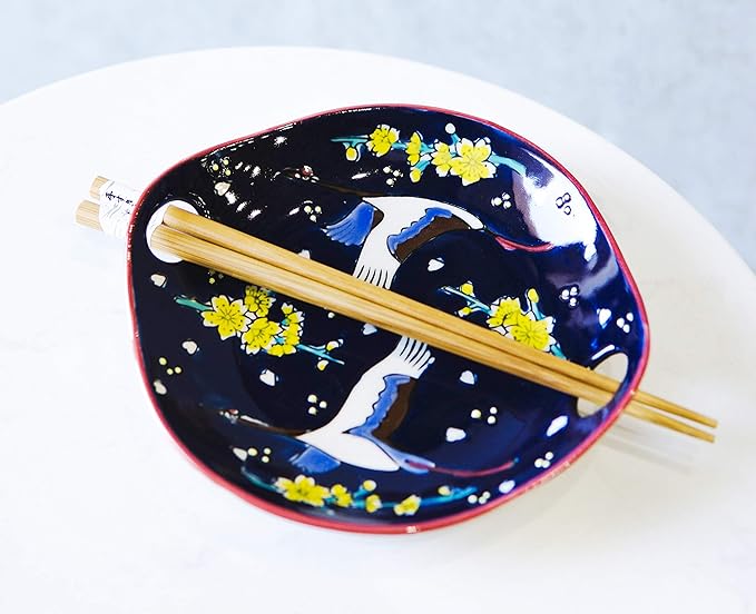 Ebros White Crane In Midnight Sky Appetizer Snack Serving Coupe Plate Dish With Chopsticks And Built In Rest Set Small Flat Bowl For Hors D'oeuvres Sushi Ice Cream Serveware Plates (2)