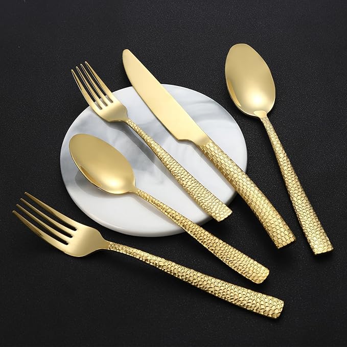 30-Piece Gold Silverware Set, Heavy Duty Hammered 18/10 Stainless Steel Flatware Set for 6, Food-Grade Cutlery Set, Tableware Set Including Fork Knife Spoon Set,Dishwasher Safe