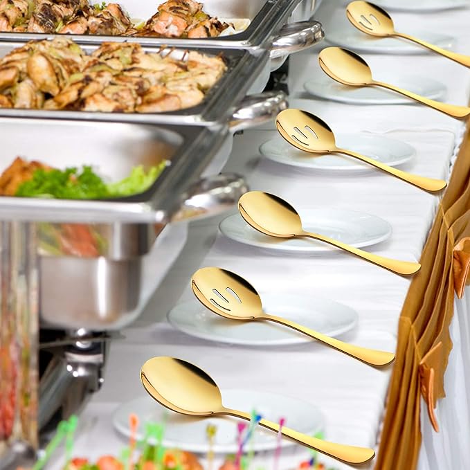 LIANYU 6 Pack Gold Serving Spoons Set, Large Slotted Spoons, Stainless Steel Buffet Dinner Restaurant Golden Serving Utensils, Catering Set for Party Banquet, 9.8 Inch