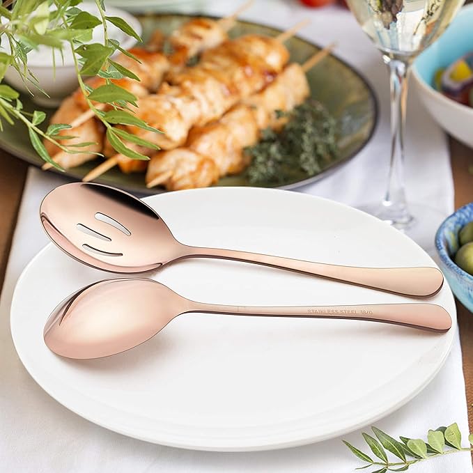 LIANYU 8-Piece Large Copper Serving Spoons, Copper Slotted Serving Spoons, 9.8Inch Stainless Steel Serving Utensils for Party Buffet Restaurant Banquet Dinner Catering, Dishwasher Safe