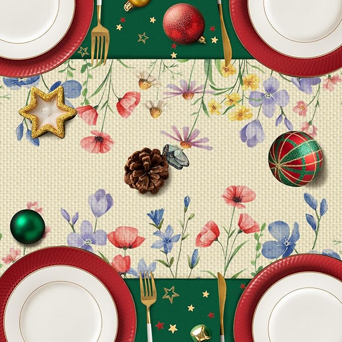 Retro Butterfly Flowers Table Runner Seasonal Spring Kitchen Dining Linen Table Decoration for Indoor Outdoor Home Party Decor 13 x 72 Inch