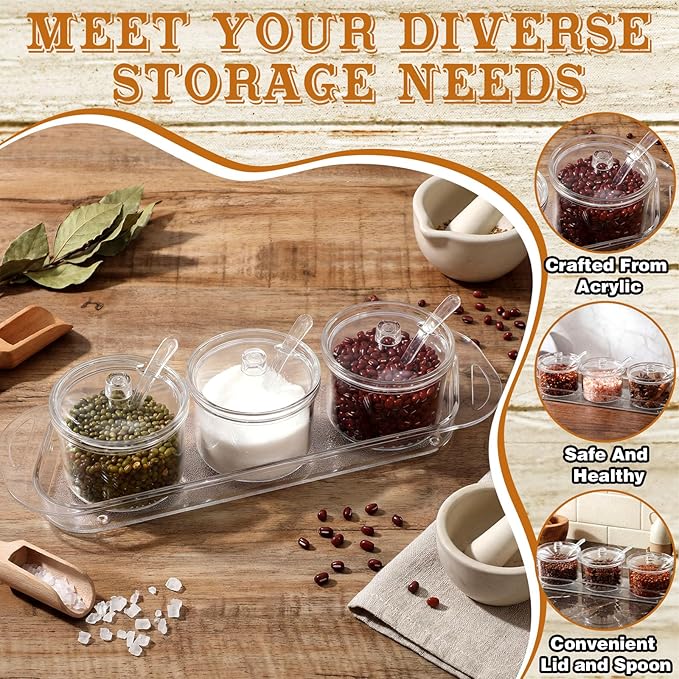 3 Pcs Clear Acrylic Sugar Container with Lid and Spoon 7 oz Seasoning Sugar Jar Salt Spice Canister Condiments Pot with Label Stickers for Home Coffee Bar Restaurant Kitchen