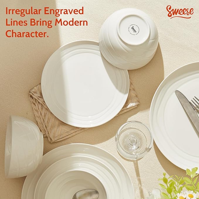 Sweese Porcelain Dinnerware Sets for 6, 18 Pieces Ceramic Plates and Bowls Sets, Handcrafted Minimalist Dinner Set, Chip and Scratch Resistant Dish Set, Dishwasher & Microwave Safe, White
