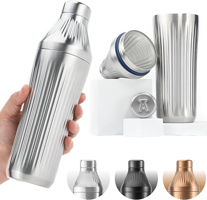 Elevated Craft Diamond Edition Hybrid Cocktail Shaker Set - Premium Vacuum Insulated Stainless Steel, 28 oz, Includes Built-In Strainer, Precise Measuring Top & XL Polishing Cloth - Martini Shaker