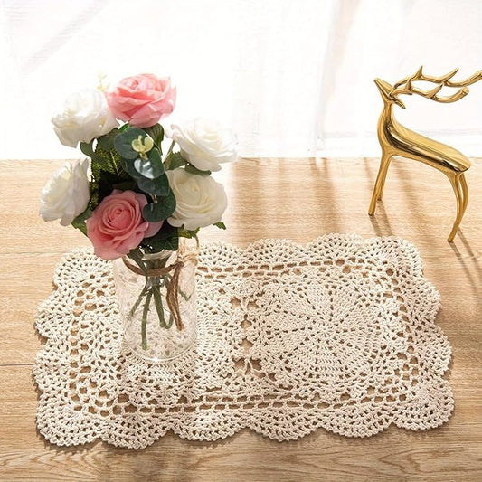 Handmade Rectangle Doilies, 2-Piece Handmade Crochet Cotton Doilies Lace Table Crochet Placemats Coaster (Beige)